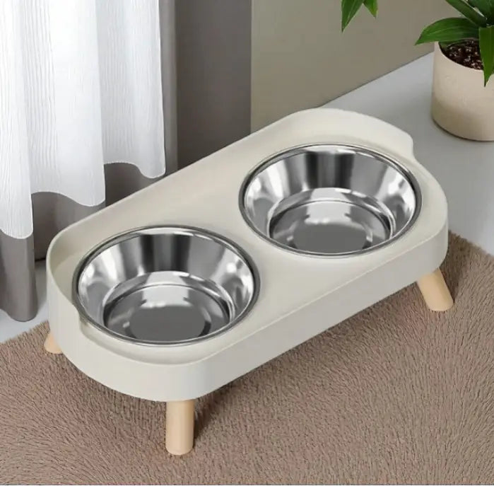 Comedouro e Bebedouro r Elevado Dupla Tigela para Gatos | Caprioli Inter comedouro gatos Branco marfim / Aço Inoxidável