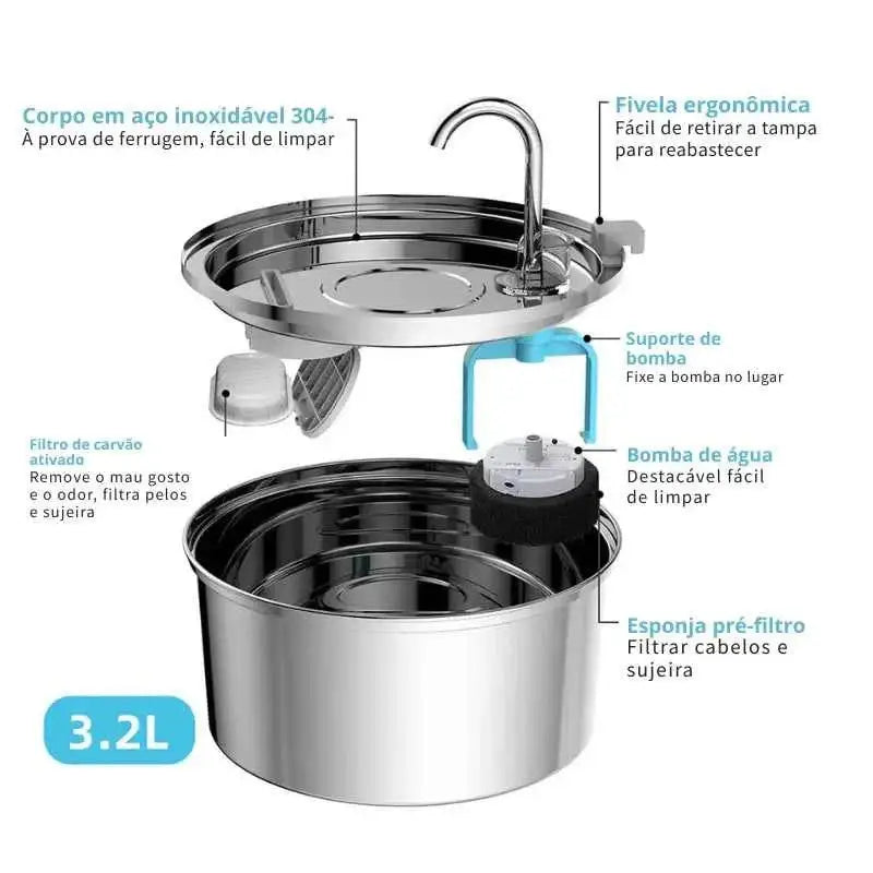 Fonte de Água Inteligente em Aço Inox para Gatos | Caprioli Inter Bebedouro