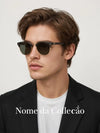 Um homem usando óculos de sol estilosos com lentes escuras e uma armação meia-armação.