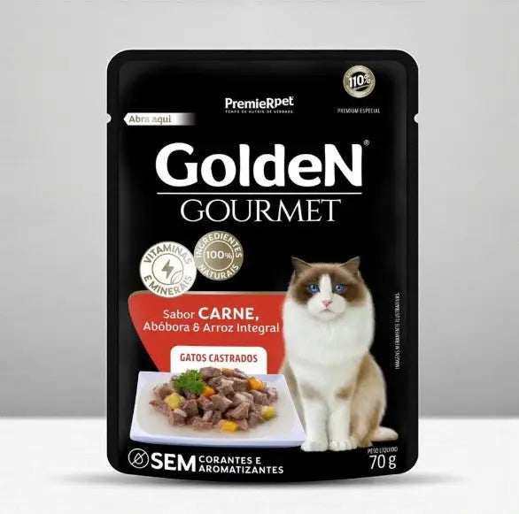 Kit 20 Sachês Golden Gourmet Gatos - Nutrição Completa | Caprili Shop - petiscos para gatos - Castrados Carne
