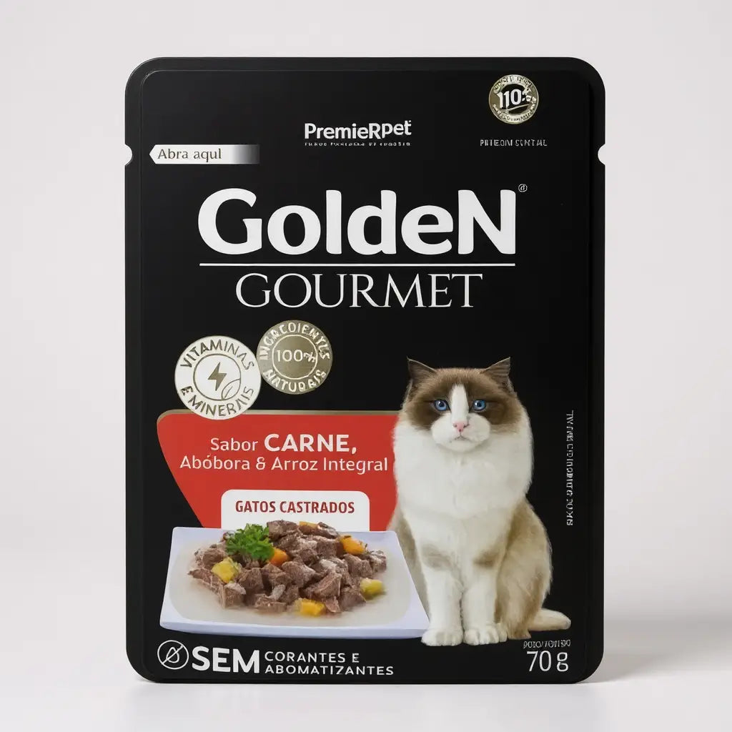 Ração úmida Golden Gourmet Gatos Adultos - caixa c/ 20 saches 70 G | Caprili Shop - petiscos para gatos - Carne / 1