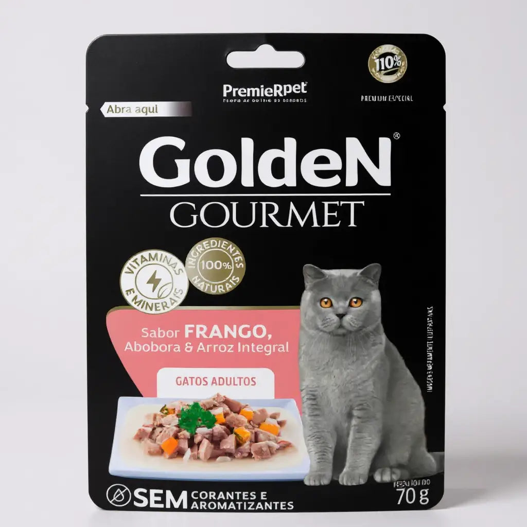 Ração úmida Golden Gourmet Gatos Adultos - caixa c/ 20 saches 70 G | Caprili Shop - petiscos para gatos - Frango / 1