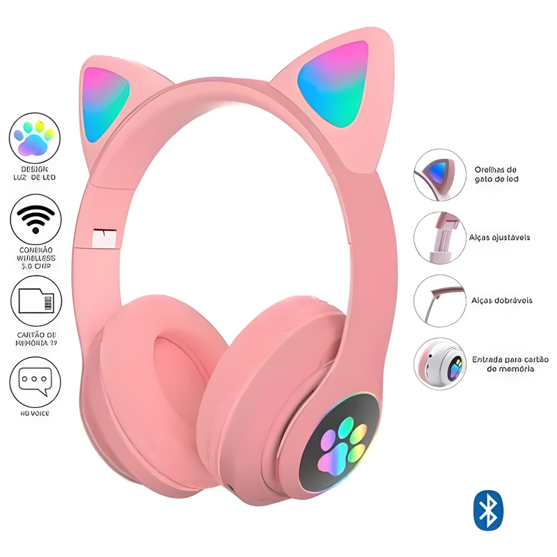 Fone Bluetooth Orelha De Gato Led Colorido Rosa