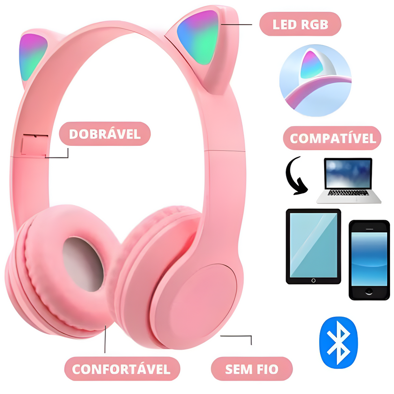 Fone Bluetooth Orelha De Gato Led Colorido Rosa