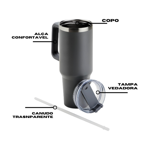 Copo Térmico Grande com alça e Canudo 1200 ml Preto