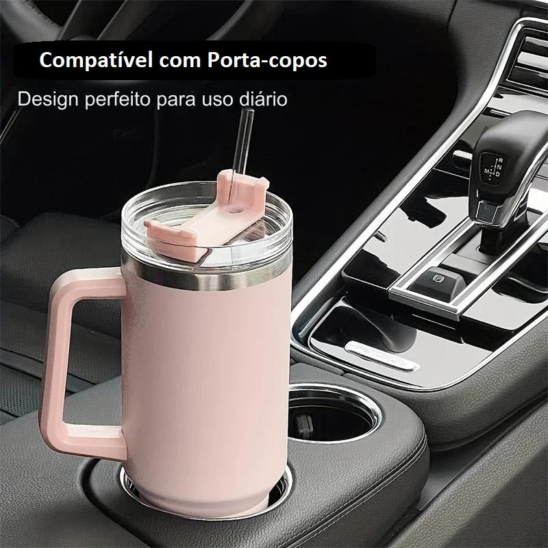 Copo Térmico Grande com alça e Canudo 1200 ml Preto