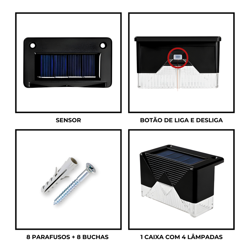 Kit 4 Arandelas com Sensor Solar jardim escadas muros