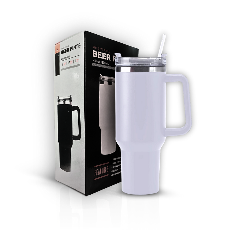 Copo Térmico Grande com Alça e Canudo 1200 ml Branco