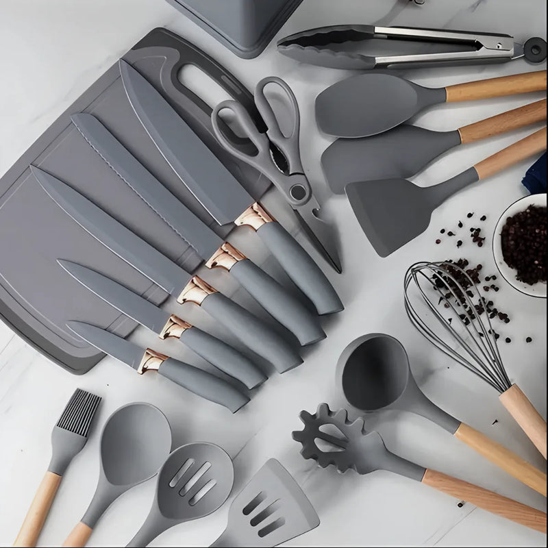 Kit Utensílios de Cozinha Jogo Completo 19 Peças Cinza