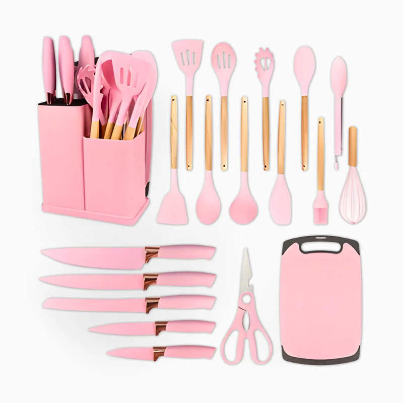 Kit Utensílios de Cozinha Jogo Completo 19 Peças Rosa