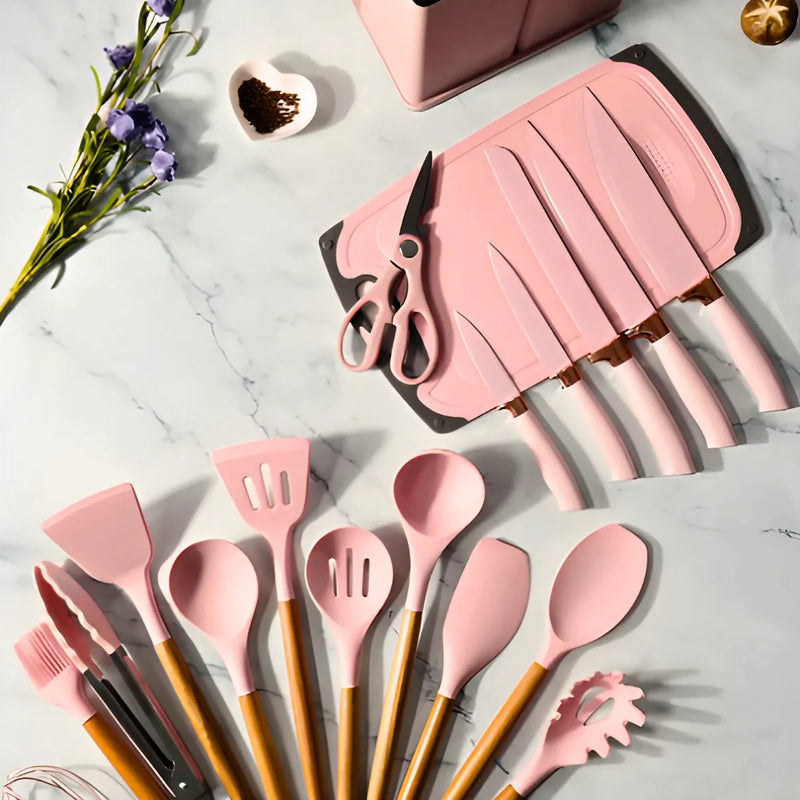 Kit Utensílios de Cozinha Jogo Completo 19 Peças Rosa