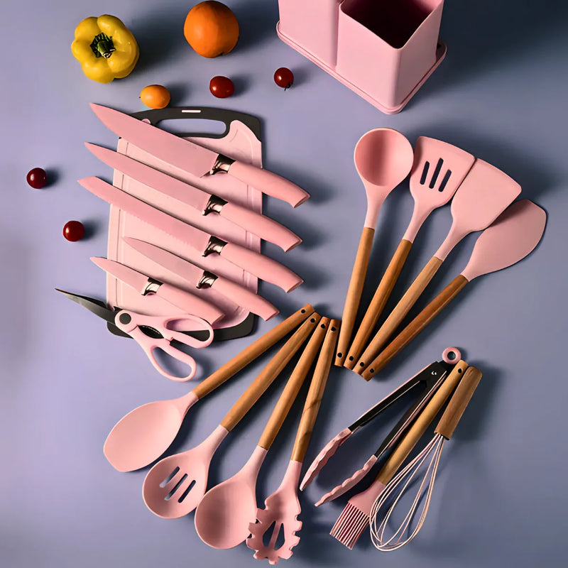 Kit Utensílios de Cozinha Jogo Completo 19 Peças Rosa