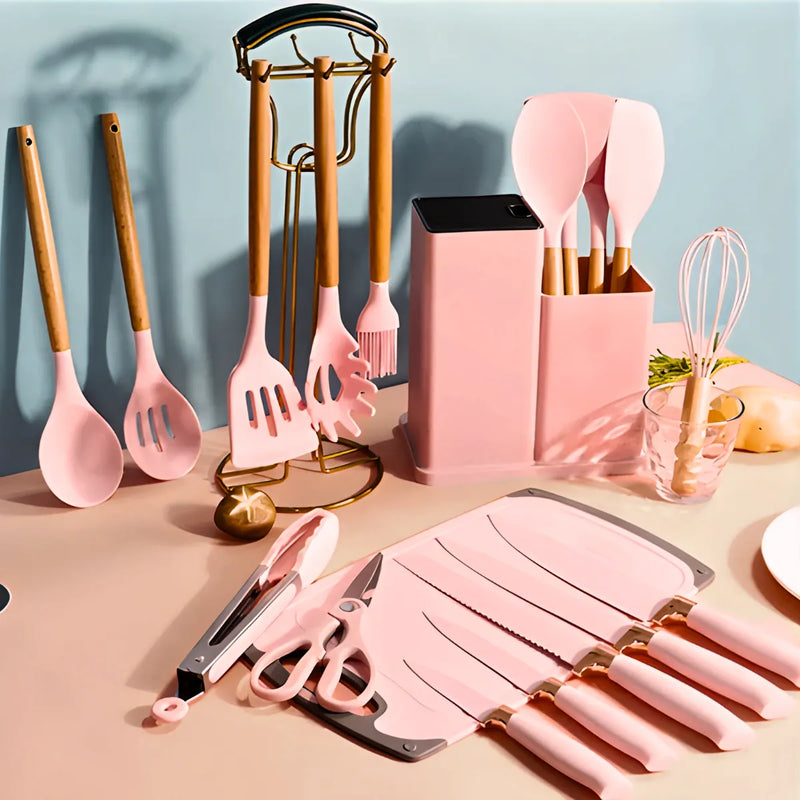 Kit Utensílios de Cozinha Jogo Completo 19 Peças Rosa