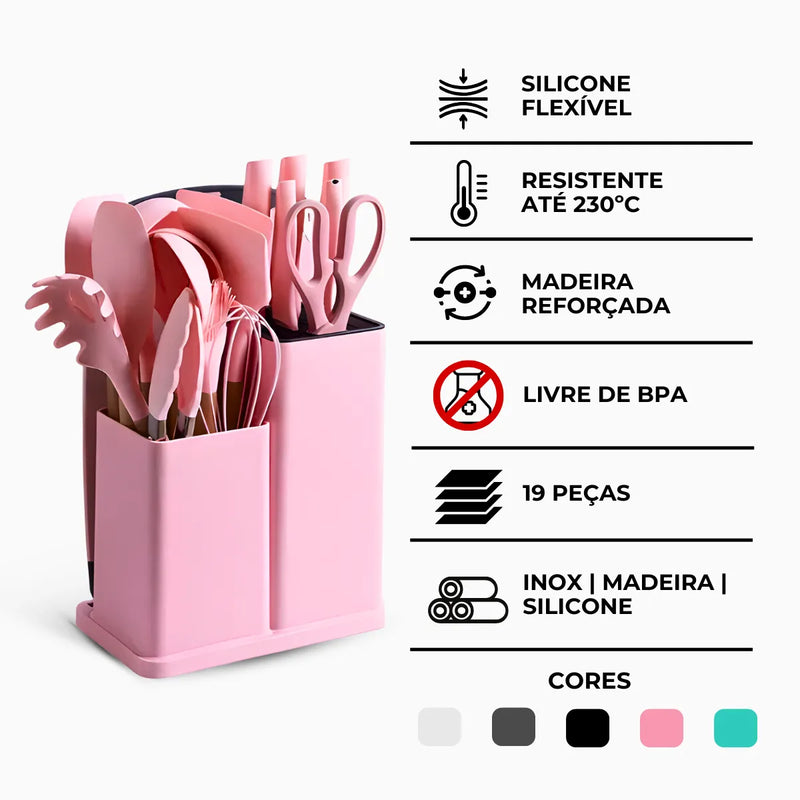 Kit Utensílios de Cozinha Jogo Completo 19 Peças Rosa