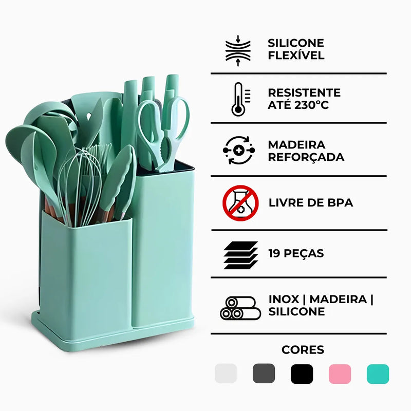 Kit Utensílios de Cozinha Jogo Completo 19 Peças Verde