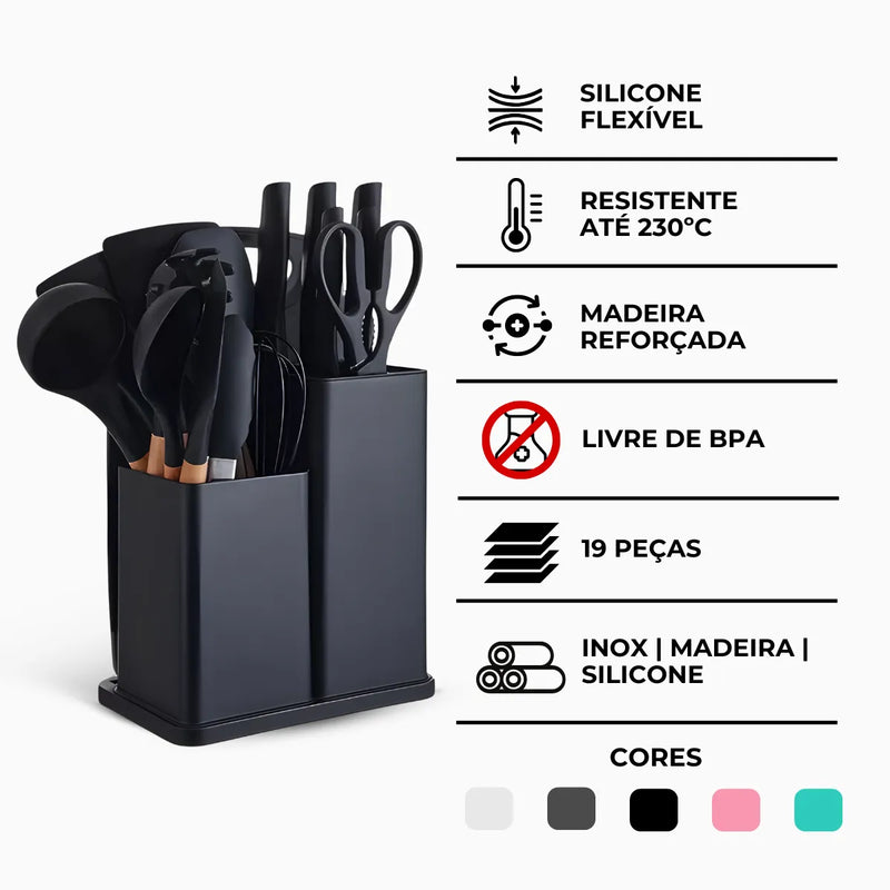 Kit Utensílios de Cozinha Jogo Completo 19 Peças Preto