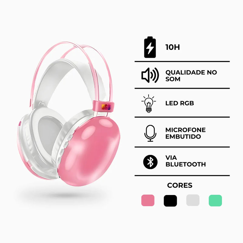 Fone De Ouvido Sem Fio Bluetooth V5.3 Com LED  Rosa