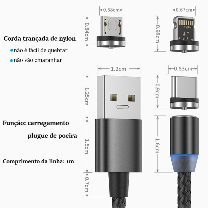 Cabo carregador magnético usb 3 em 1