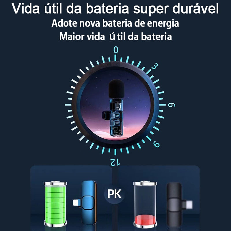 Microfone de Lapela Sem Fio Compatível Tipo C e iPhone