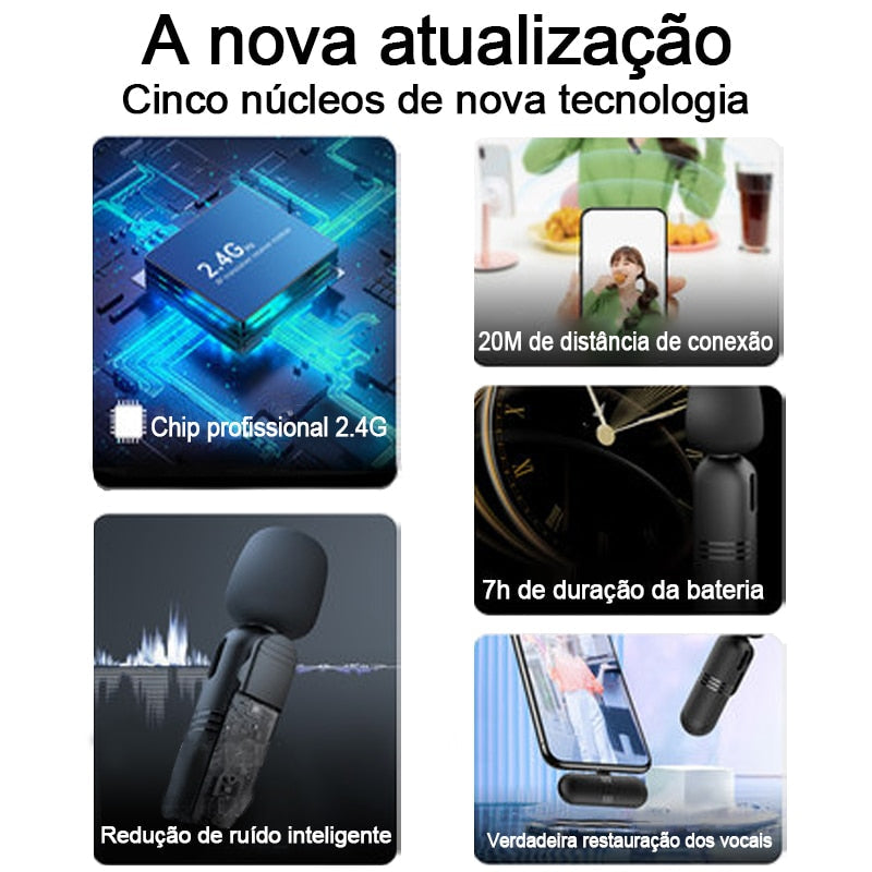 Microfone de Lapela Sem Fio Compatível Tipo C e iPhone