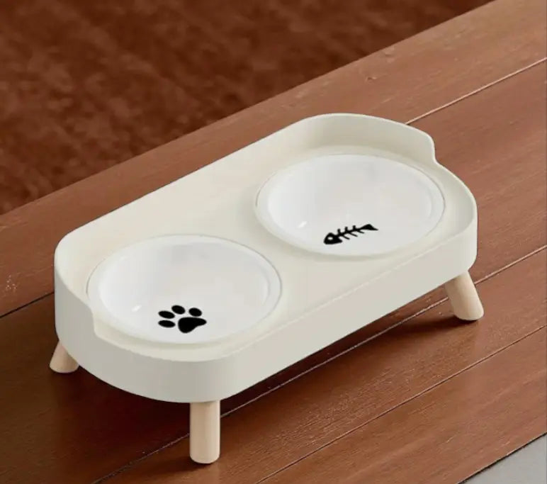 Comedouro e Bebedouro r Elevado Dupla Tigela para Gatos | Caprioli Inter comedouro gatos Branco marfim / de cerâmica