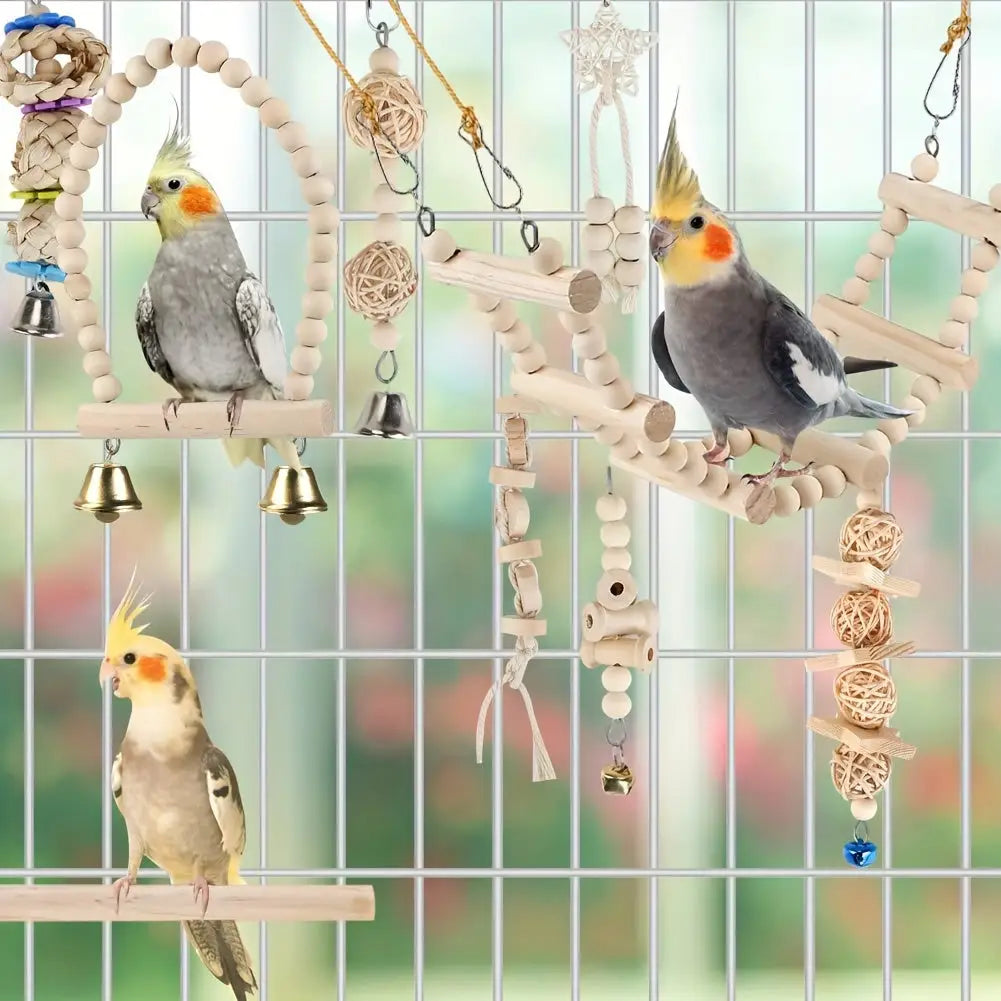 Set of 9 parrot toys with random color accessories including a metal swing frame