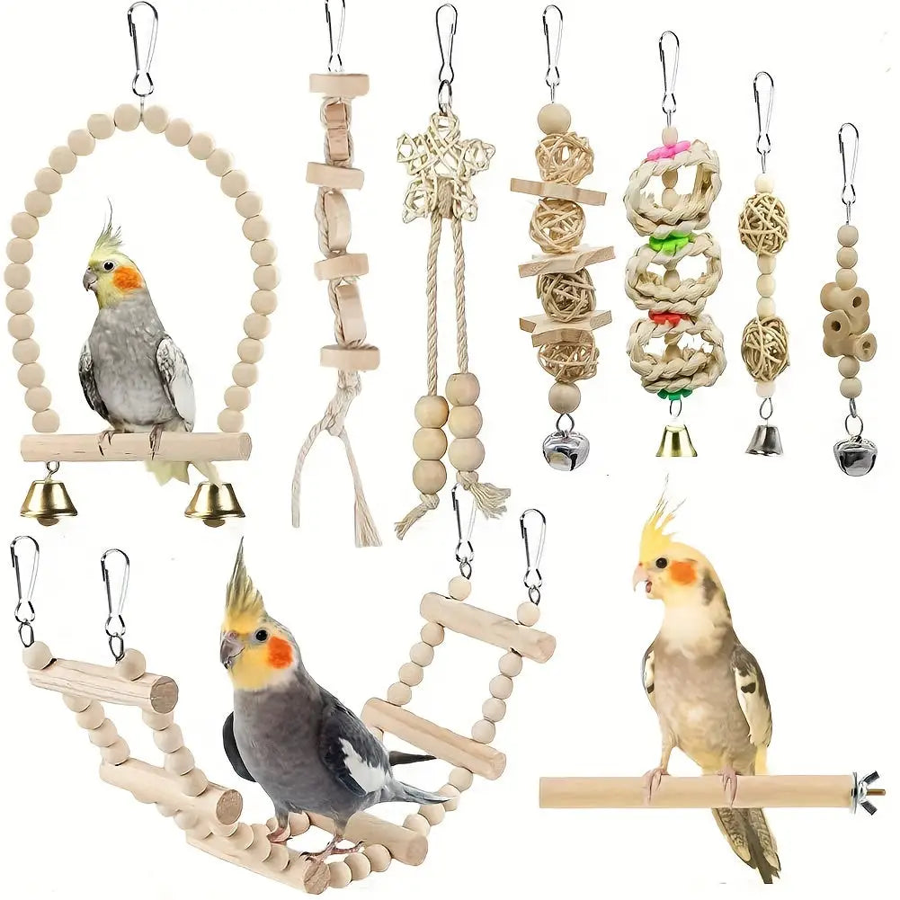 Set of 9 parrot toys with random color accessories including a metal swing frame