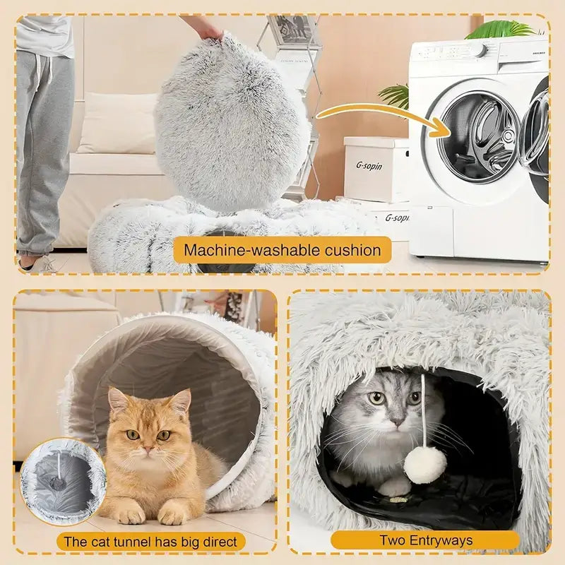 Túnel para Gatos com Cama Tapete e Passagem Conectável de Pelúcia Longa Lavável Profunda Sono