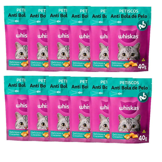 Kit 12 Petiscos Whiskas Temptations Antibola de Pelo 40g Sabor Irresistível | Caprioli Inter petisco para gatos