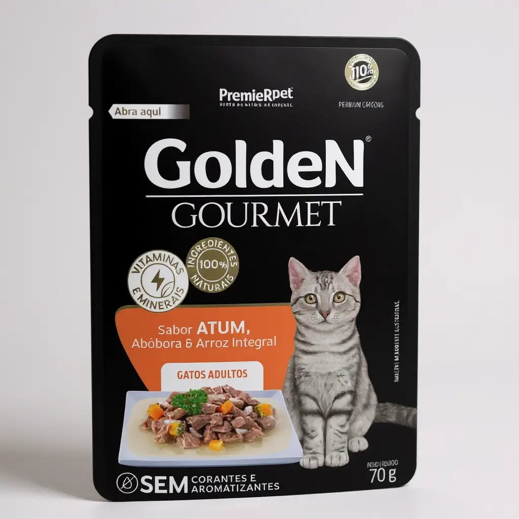 Ração úmida Golden Gourmet Gatos Adultos - caixa c/ 20 saches 70 G | Caprili Shop - petiscos para gatos - Atum / 1