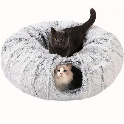 Túnel para Gatos com Cama Tapete e Passagem Conectável de Pelúcia Longa Lavável Profunda Sono