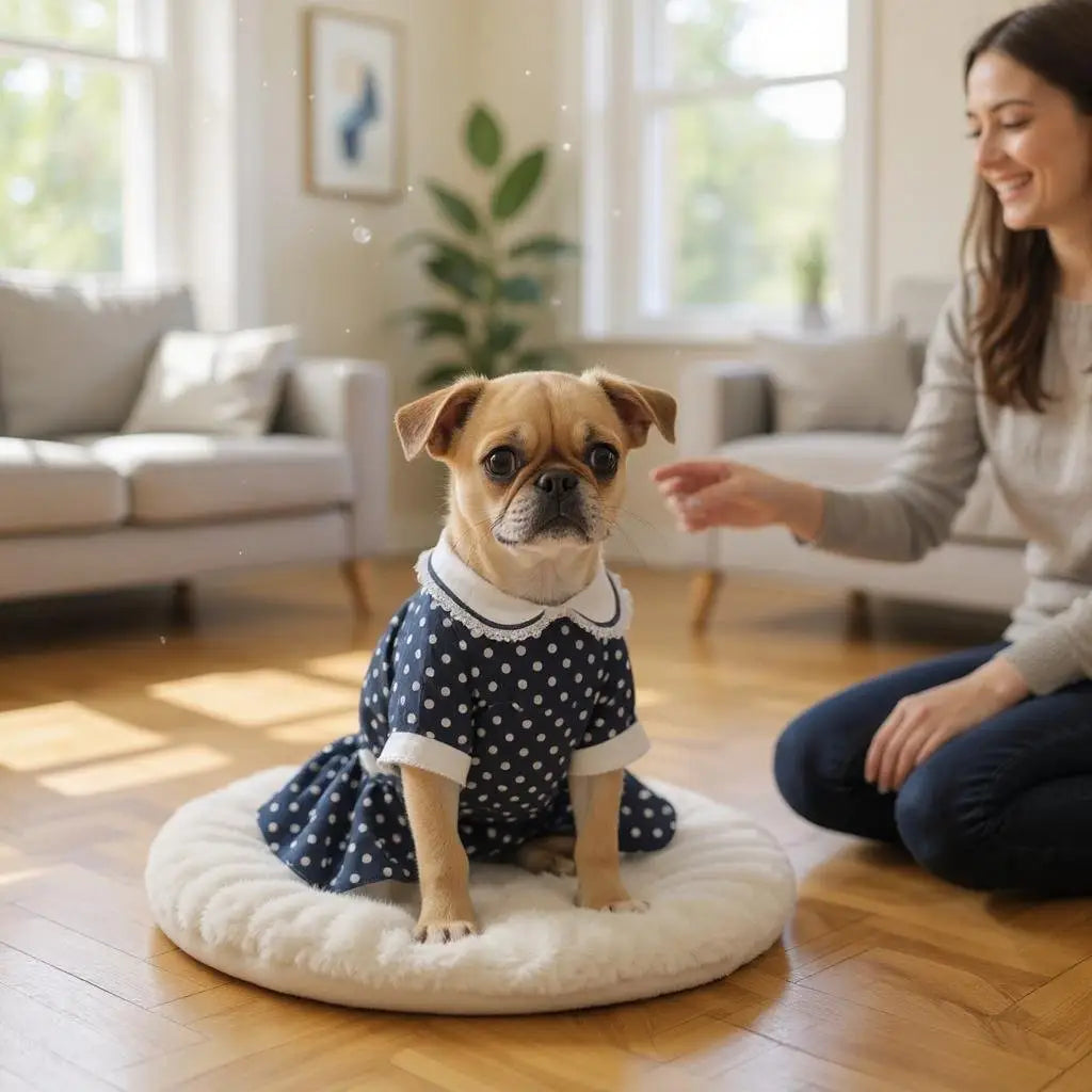 Vestido Pet Elegante para Todos os Tamanhos | Caprioli Shop - Acessórios Pets - azul marinho bolinhas / Tamanho P